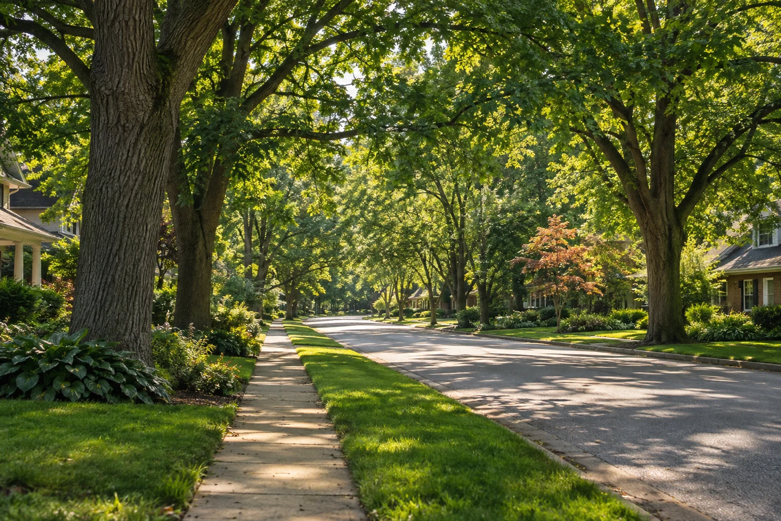 Mature deciduous trees along a quiet residential street