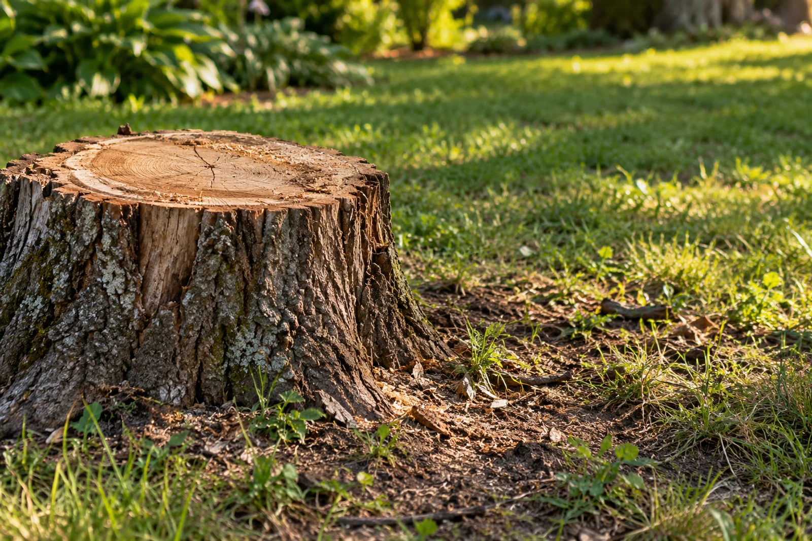 Close view of a cut tree stump and surrounding grass